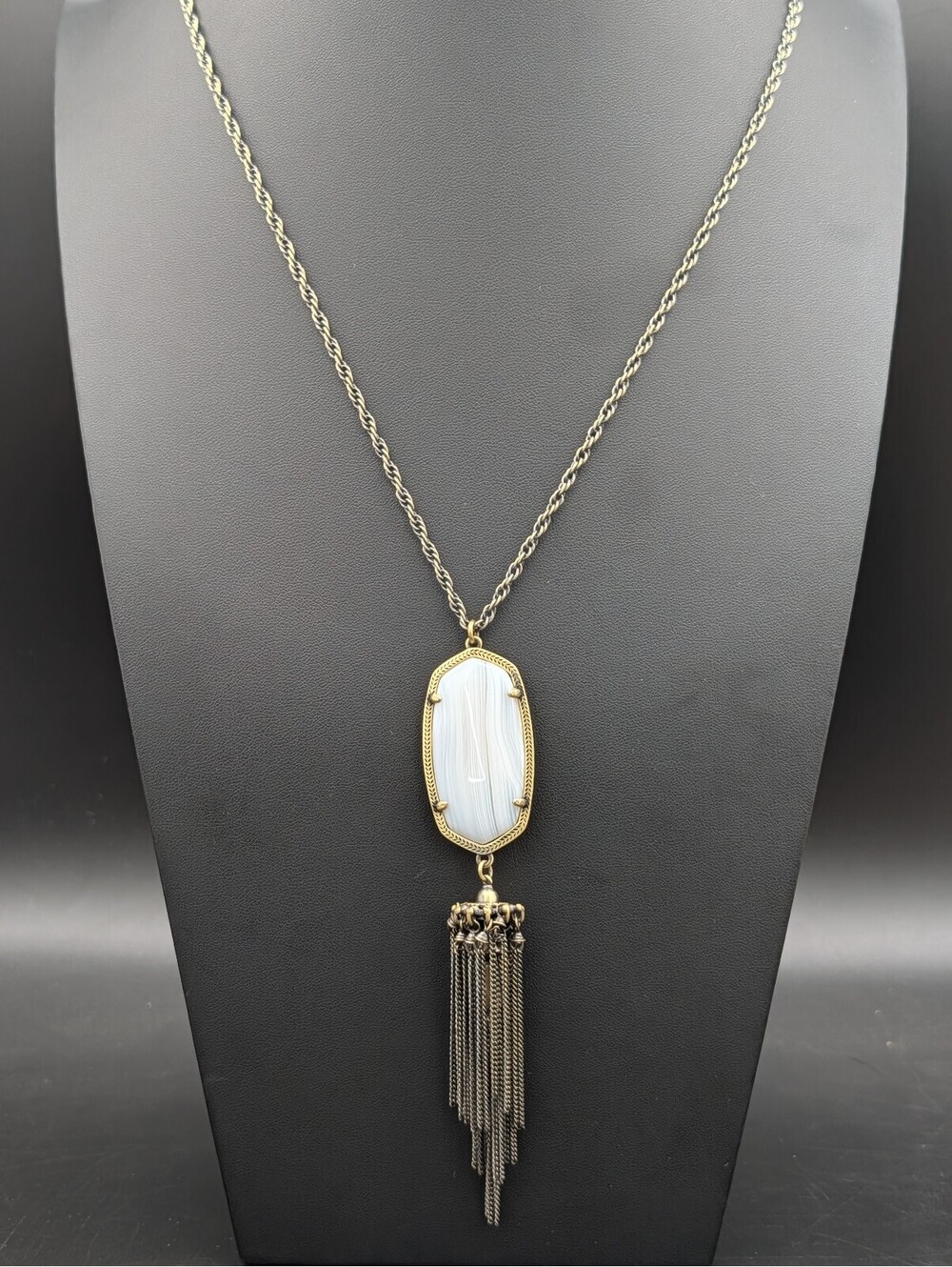 Kendra Scott Rayne Tassel Pendant Necklace Banded Agate Antique Brass 30"